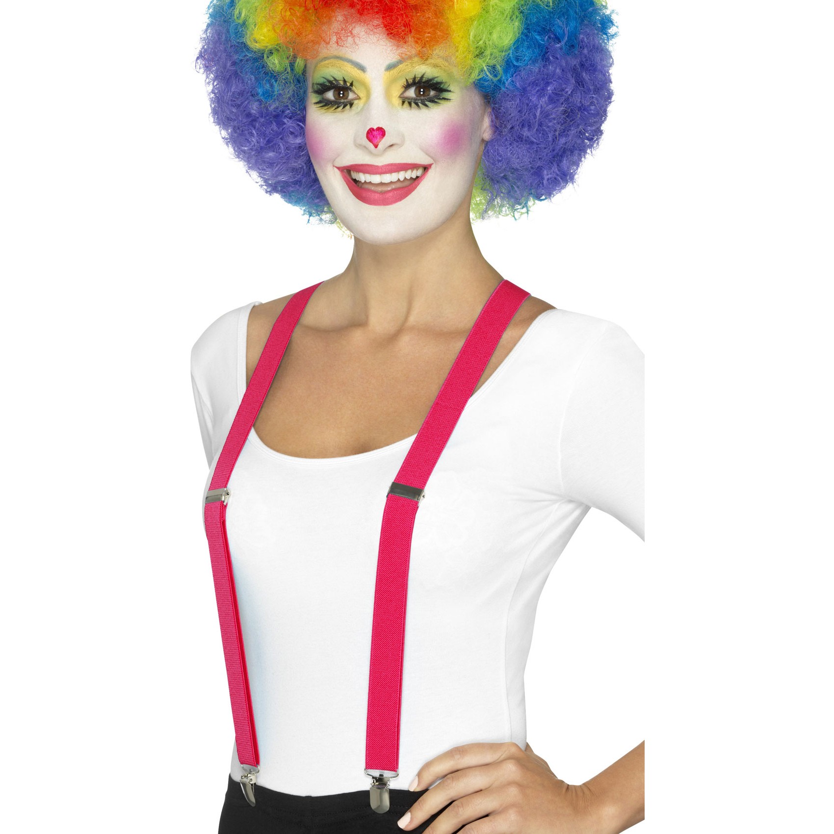 Клоун блю. Клоун с синими волосами. Подтяжки клоуна. Девушка с гримом клоуна и в подтяжках. Сколько стоят подтяжки клоуна-4?.