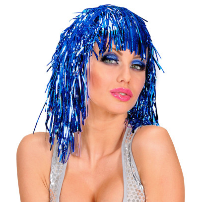 Lametta Party Disco Perücke blau für Damen