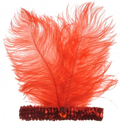 Rotes Pailletten-Stirnband mit Federn und Juwel