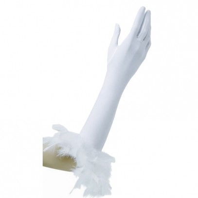 Weiße Elastan-Handschuhe mit Federn