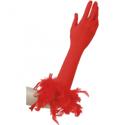 Rote Elastan-Handschuhe mit Federn