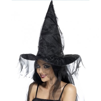 Schwarzer Hexen-Hut mit Netz-Haaren