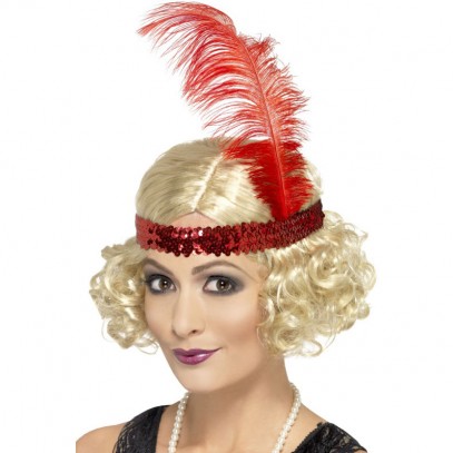 20er Perücke blond mit rotem Pailletten-Stirnband
