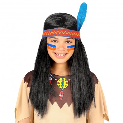 Indianerin Perücke mit Stirnband und Feder Kinder Mädchen Perrücke #9633