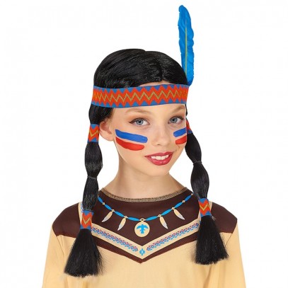 Indianer Kinderperücke mit Stirnband und blauer Feder 1