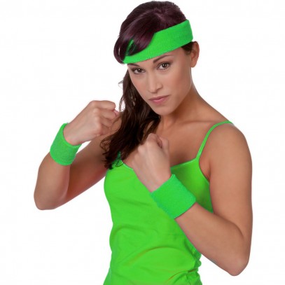 80er Stirnband mit Schweißbändern Set neon-grün