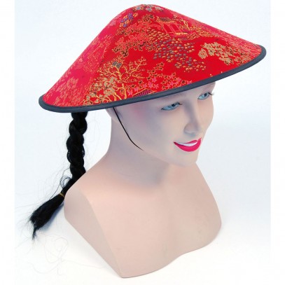 Chinesen Hut mit Zopf rot
