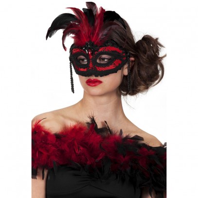 Burlesque Augenmaske schwarz-rot mit Federn