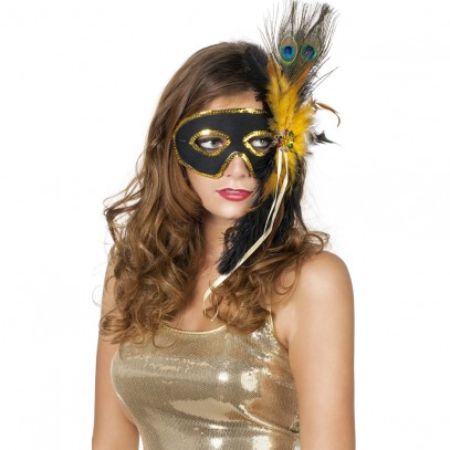 Domino-Maske schwarz-gold mit Federn