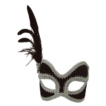 Maske Victoria schwarz-silber mit Feder
