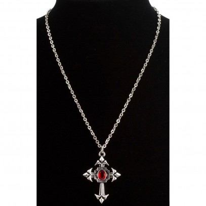 Gotische Kreuzhalskette mit rotem Juwel