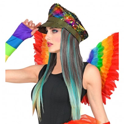 Rainbow Rocker Paillettenmütze mit Haarteil