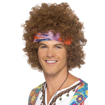 Hippie Afro Perücke braun mit Stirnband