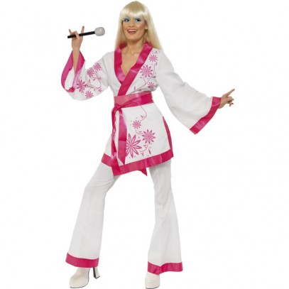 70er Kimono Damenkostüm weiß-pink