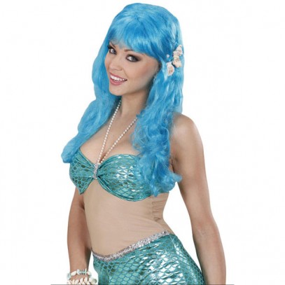 Nixe Meerjungsfrau Perücke blau mit Muscheln für Damen