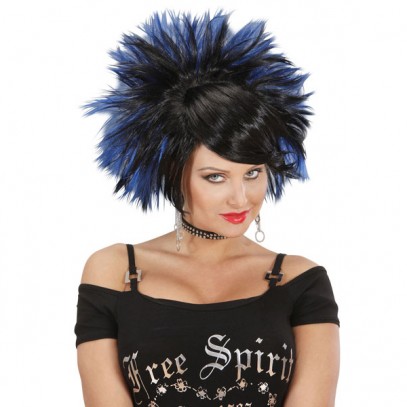 Rockerin Punk Perücke schwarz-blau für Damen 