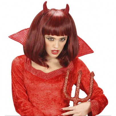 Dämonia Teufelsperücke rot mit Hörnern für Damen