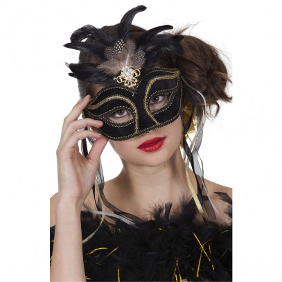Venedig Samt-Augenmaske schwarz mit Federn