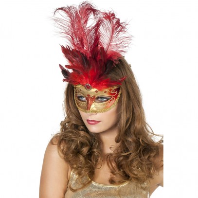 Venezia Augenmaske gold mit roten Federn