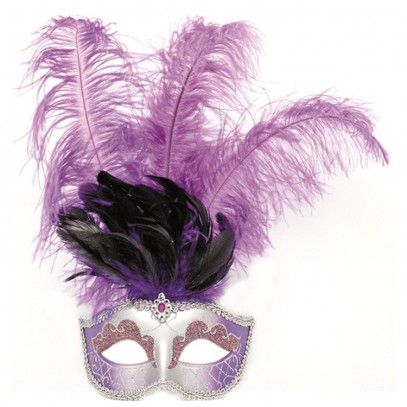 Venezia Augenmaske silber mit violetten Federn