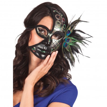 Venezia Maske schwarz mit Pfauenfeder