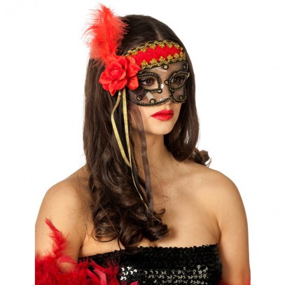 Venezianische Augenmaske schwarz-rot mit Feder 