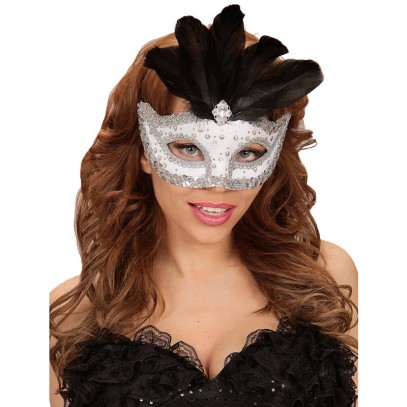Venezianische Maske mit Federn weiß