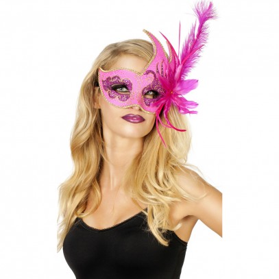 Venezianische Maske pink mit Federn