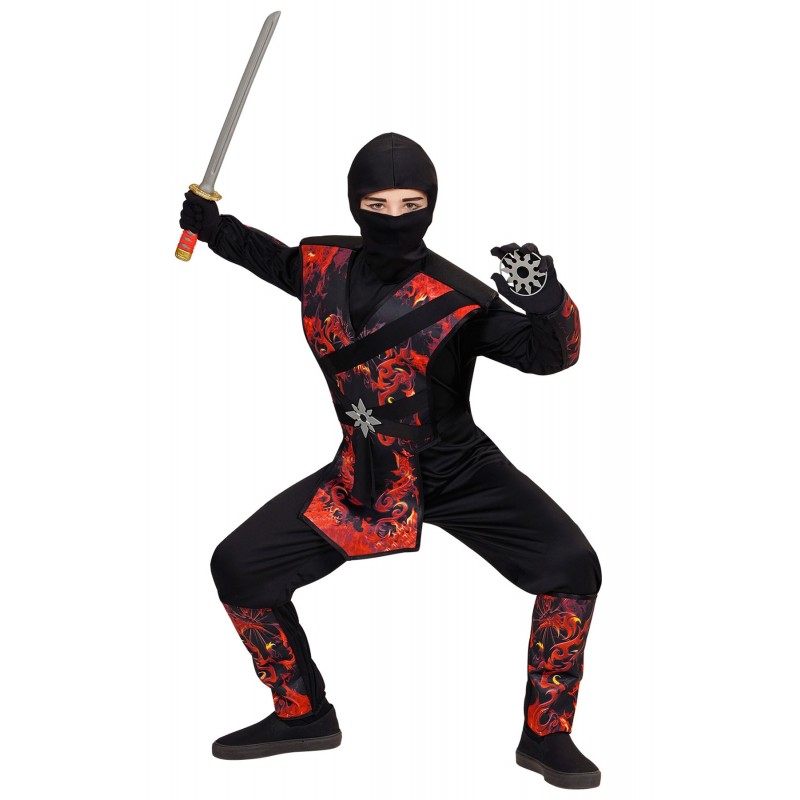 Red Ninja Dragon Kostüm Japan Kämpfer Kinder Anzug in Rot mit Haube